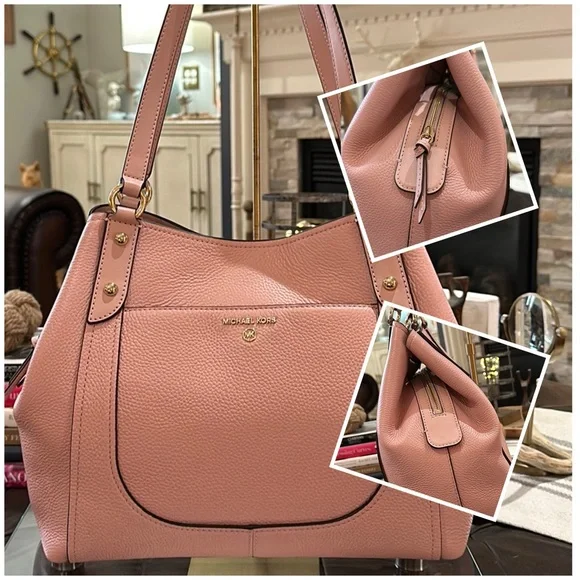Authentic Michael Kors “Molly” Large Pebble Leather Shoulder Tote in Smokey Rose - Picture 1 of 16